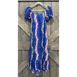 Vintage The Hawaiian Original Hilo Hattie Blue Floral Tiered Ruffle Maxi Dress S